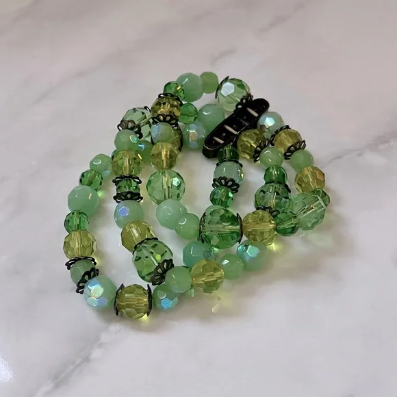 πΈ3/$25 Vintage Triple Strand Green Beaded Rhinestone Stretch Bracelet Faceted - Picture 10 of 16